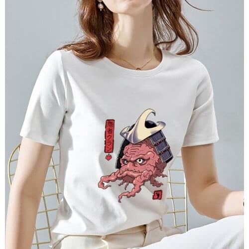 Summer Womens Fashion Street T-shirt Casual Cute Monster Printing Pattern Series Round Neck Blouse Comfortable Lady White Shirt