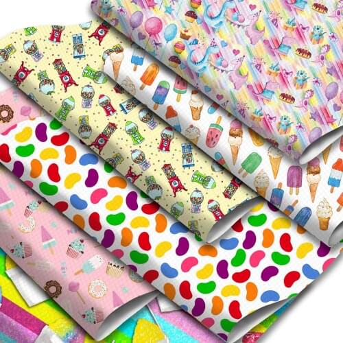 Candy Ice Cream Pattern Printed Faux Leather Sheets Cupcake Synthetic Leather Fabric Roll for Bows Earrings Handbags Crafts