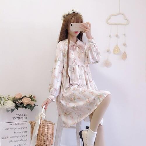 Sweet Women Long Sleeve Knee-length Dress Floral Printing Cute Women Dress Spring Women Fashion One Piece Sweet Girls