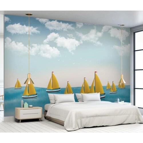 Kids Bedroom Mural Blue Sea Sailboat HD Photo Wallpaper Children Room Wall Papers Roll Wall Decor Papel De Parede Custom