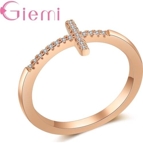 New Fashionable Simple Style Cross Shape Design Rose Gold Color Women Finger Rings With Bright Crystal Cubic Zirconia