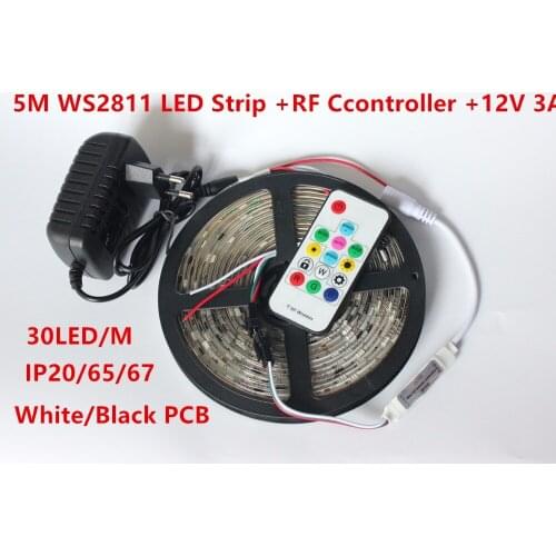 5m DC12V ws2811ic 5050 RGB SMD addressable ws2811 led pixels strip,Flexible LED strip with RF Remote control,12V 3A adapter kit