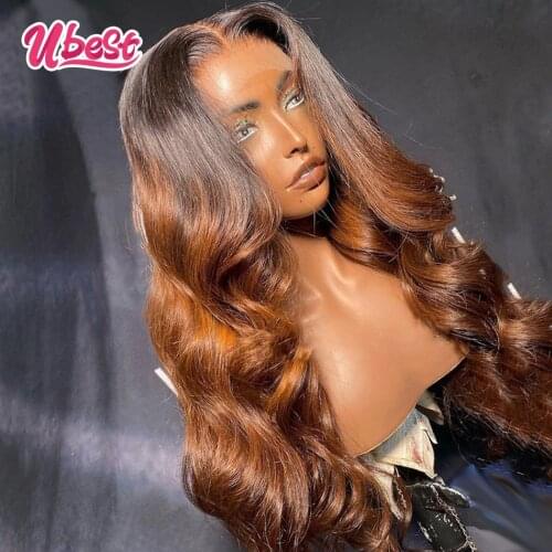 Ubest Transparent Indian Body Wave Lace Front Wig Ombre Brown Colored Human Hair Wigs Pre Plucked Lace Frontal Wigs for women