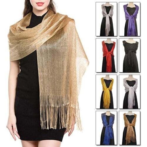Plain Lurex Glitter Tassel Viscose Scarf Shawl Lady Shimmer Thin Gold Thread Wrap Headband Muslim Hijab Women Turban Stoles