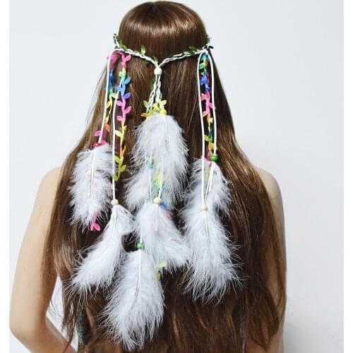 Retro Indian Feather Headband For Women Bohemian Style Multicolor Hand-Woven Sweet Headwear Tribal Hippie Party Headband