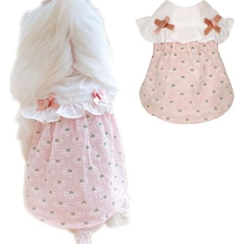 Pink Blue Flower Girl Dresses Summer Sweet Lapel Glitter Bow Daisy Clothes For Dogs Dresses Puppy Cat Shirt Skirt Princess XXS