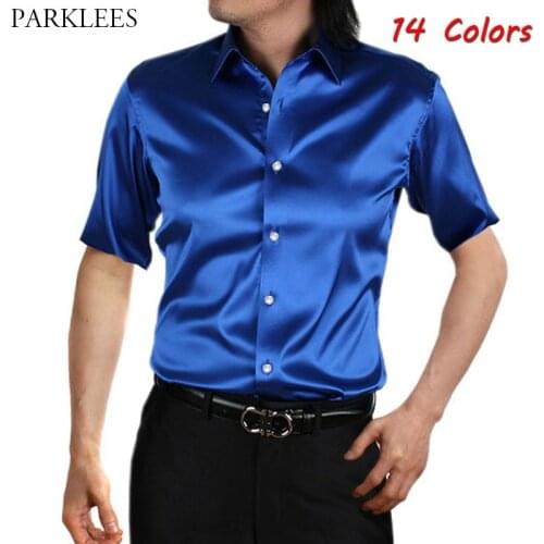 Silk Satin Men Shirt 2020 Smooth Comfortable Shirts for Men Casual Slim Fit Button Up Mens Short Sleeve Dress Shirt 14 Colors