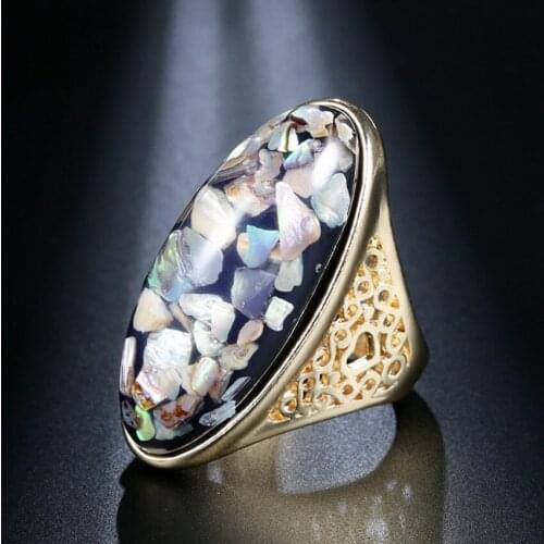 FYJS Unique Light Yellow Gold Color Marquise Shape Colorful Shell and Resin Finger Ring Charm Jewelry