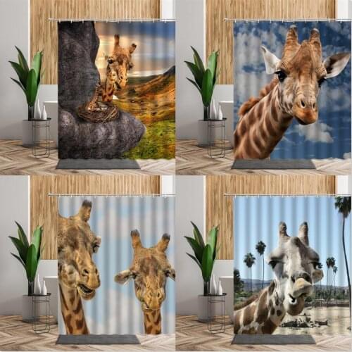 Funny Animal Shower Curtains Cute Africa Wild Giraffe Printed Bath Curtain Waterproof 3D Bathroom Decor With Hooks Douchegordijn