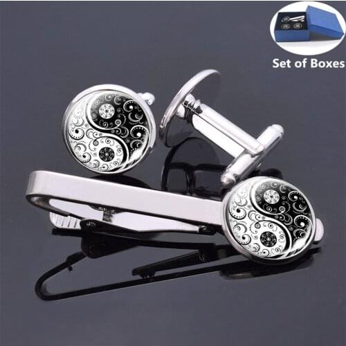 Tie Clips Cufflinks Set Yin Yang Tai Chi Symbol Men Suit Accessories Men Shirt Cuff Links Wedding Jewelry Christmas Gifts