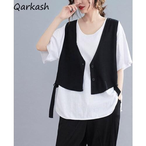 Vests Women Leisure Cool Unisex Simple Solid Color Single Breasted Side-slit Adjustable Waist Loose Japanese Style V-neck Retro