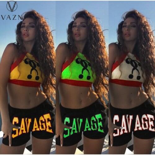 VAZN 2021 New Arrival Letter Sexy Little Chap Beach Set Halter Top Short Pants Open Young Women Skinny 2 Piece Set