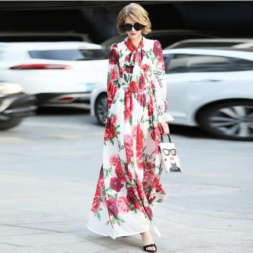 2018 Spring/Summer Fashion Designer Long Dress Womens Long Sleeve Bow Collar Roses Print Amazing Party Vintage Maxi Dress