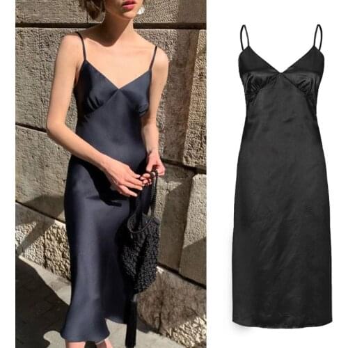 Women Summer Spaghetti Strap Imitation Silk Long Sling Dress Sexy V-Neck Backless Solid Color High Waist Nightgown