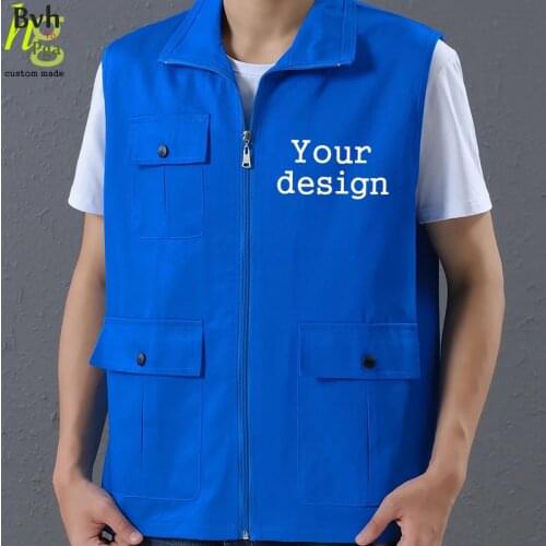 Customized design multi-pocket vest photo printing logo text 100% cotton vest clothes men and women work clothes uniform jacket