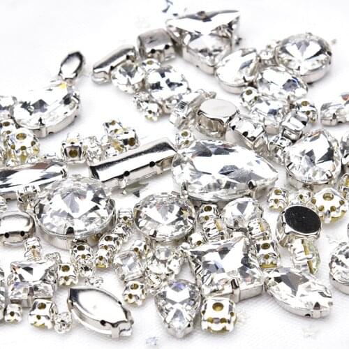 100pcs Mix Shape Size Glass Crystal Rhinestones With Silver Claw Setting Clear Strass Sewing For Wedding Dress Decorative DIY