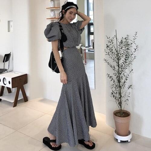 2021 New Summer Women fashion Sexy Plaid Puff short sleeve shirt + Bodycon Long mermaid Skirt Sets 2 Pieces Sets Casual Suit Set