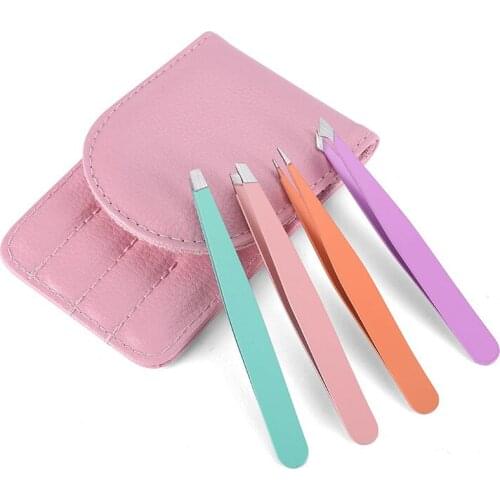 4 PCS Eyebrow Tweezers Set Stainless Steel Flat Tip/Slant Tip/Point Tip Hair Removal Eye Tweezers with Pink Bag 4 Colors