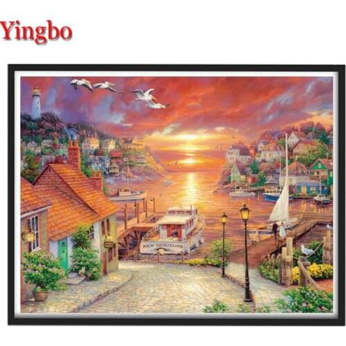 Diamond Painting Seaside villages, boats, piers Landscape Full Square Round Drill 5D Diy Diamond Embroidery Diamond Mosaic Sale