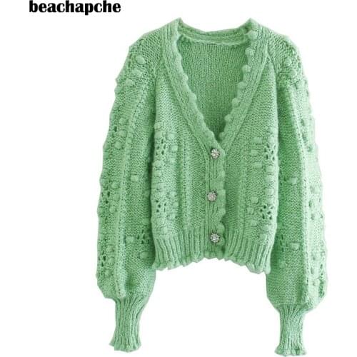 Beachapche V Neck Cardigan Sweaters Women Fashion Hollow Out Elegant Green Lantern Sleeve Female Ladies