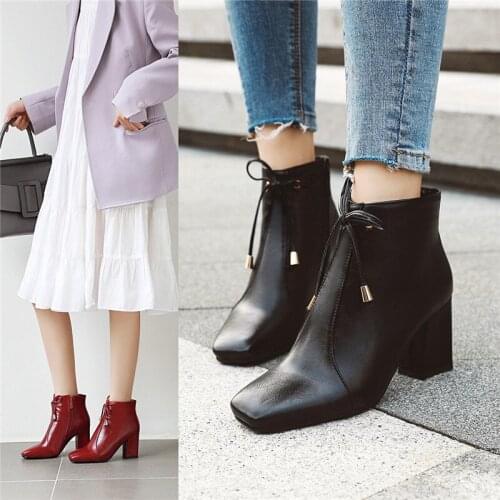 YQBTDL Fashion Winter Square Toe High Heel Boots White Black Red Block Heels Shoes Woman Footwear Bowtie Ankle Booties Plus Size