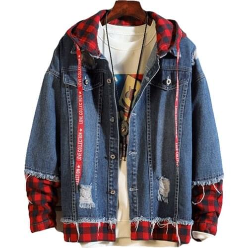Trendy Fashion Jean Jacket MenS Spring Autumn New Casual Loose Hole Holed Hooded Denim Jacket Male Hip Hop Denim Brand Clothes