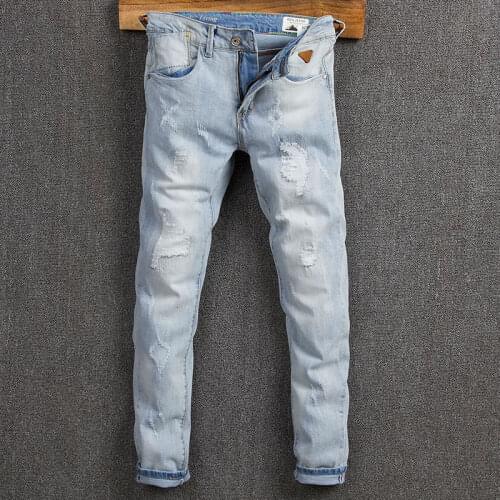 Korean Style Fashion Men Jeans Retro Light Blue Elastic Slim Ripped Jeans Men Streetwear Patchwork Designer Hip Hop Punk Pants