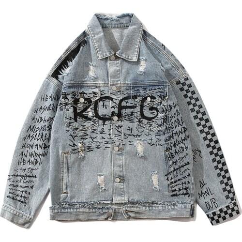 2021 Cool Design Retro Men Washed Denim Jacket Cartoon Graphic Print Destroy Oversized Hip Hop Cotton Coat Outerwear Veste Homme