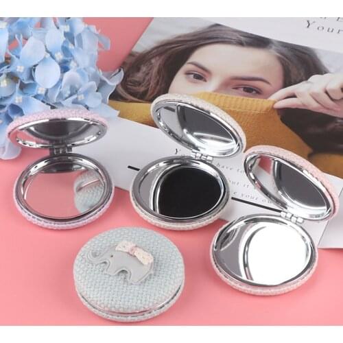 Mini Round Pocket Folding Makeup Mirror With Cartoon Cute Elephant Pattern Linen Cloth Compact Makeup Mirror
