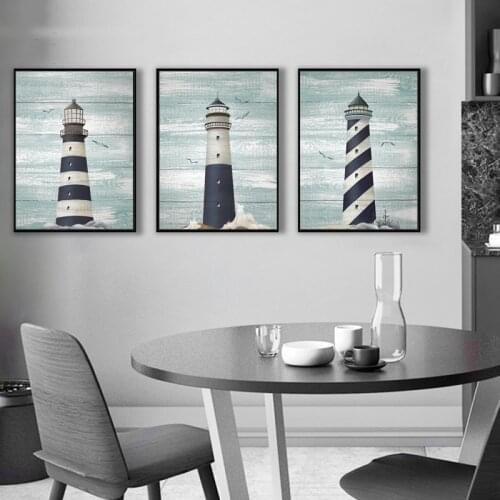 Nautical Wall Art Canvas Painting White Blue Lighthouse Pictures Ocean Beach Posters for Rustic Nursery Bathroom Home Decor