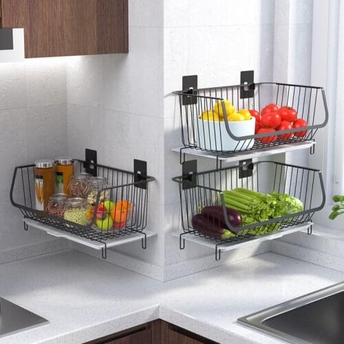 Wall Mounted Fruit Vegetable Storage Basket Punch Free Multifunction Spice Storage Rack Kitchen Organizer