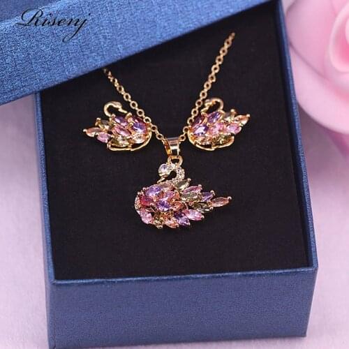 Rose gold Jewelry for women swan square with colorful & white top zircon stud earrings necklace set factory directly sale