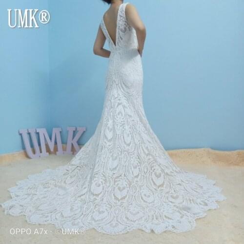 UMK Chic Boho Mermaid Wedding Dress Crochet Lace Sexy V Neck Open Back Unique Bridal Gowns