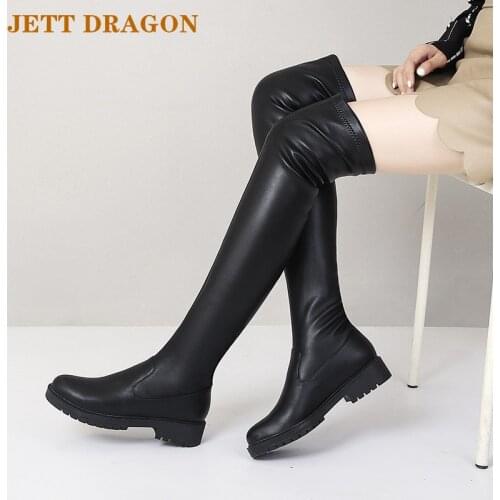 Black Large Size Womens Shoes Flat Thigh Boots Fashion Zipper Round Toe Stretch Long Boots Ladies Autumn Winter Boots