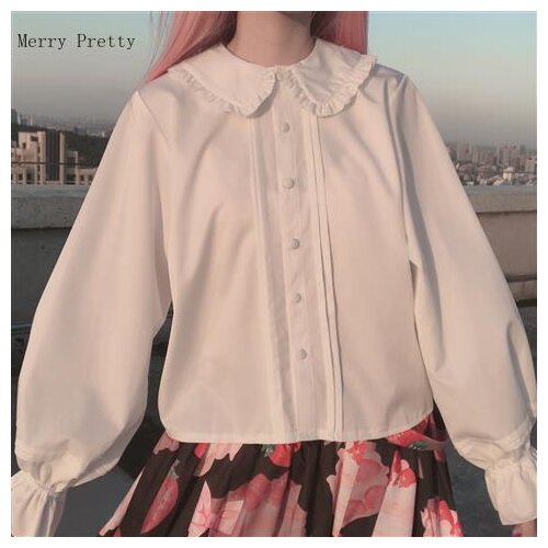Merry Pretty White Shirt Cute Doll Collar Flared Long Sleeves Shirt Small Fresh Loose Large Size Sweet Top Kawaii Clothes Women
