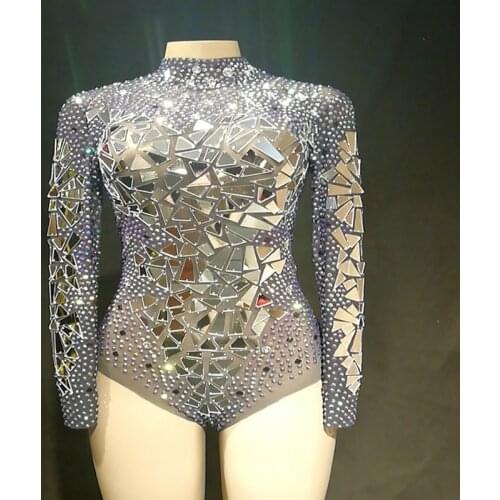 Women Sexy Transparent Net Yarn Stage Costume Dance Wear Mirrors Rhinestones Mesh Bodysuit Leotard Show Performance Bodysuit