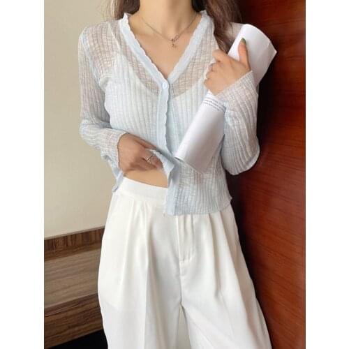 Womens Knitting Cardigan V-neck Button Long Sleeve Thin Ice Silk Slim Short Sunscreen Top Wholesale Autumn New Female Clothing