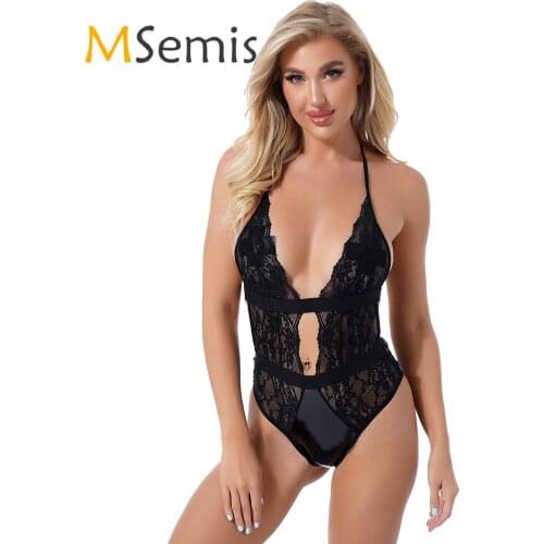 Womens Lace-up High Cut Bodysuit Plunging Neckline Halter Nightwear Patent Leather Patchwork See-through Lace Leotard Catsuit
