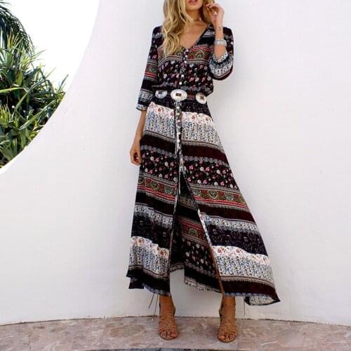 Women Long Maxi Dresses Summer Bohemia V-neck Three Quarter Sleeve Floral Print Ethnic Beach Female Split Stylish Dress