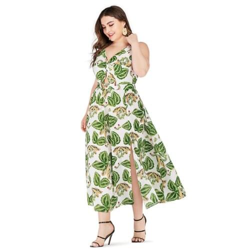 Plus size dress womens European American resort beach style big dresses Female Sexy long print suspender dresses summer