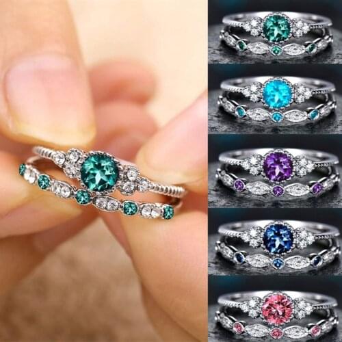 2Pcs/Set Classic 925 Sterling Silver Green Blue Round Cut Sapphire Birthstone Bride Wedding Ring Set jewlery for women
