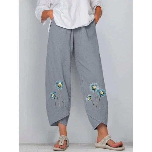 Vintage Floral Printed Trousers Female Loose Pantalon Plus Size Women Casual Harem Pants Elastic Waist Wide Leg Pants
