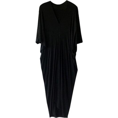 PERHAPS U Black Solid Half Sleeve V Neck Pleat Loose Midi Long Dress Summer High Street D1330