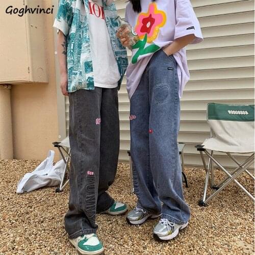 High Waist Zipper Wide-leg Jeans Women Vintage Washed Denim Trousers Straight Baggy Boyfriend Street Wear Slim Embroidery Letter