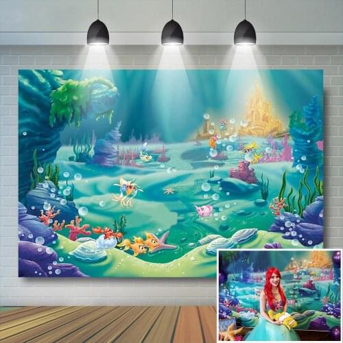 Under the Sea Backdrop Mermaid Birthday Party Decoration Castle Blue Sea Grass Shell Background Child Kids Baby Birthday Banner