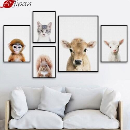 Atfipan Cartoon Nordic Style Painting Cow Sheep Cat Canvas Posters And Prints Wall Art For Nursery Living Room Decor Framework