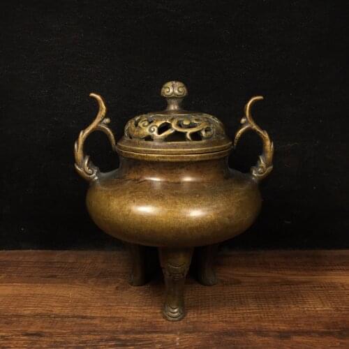 6"Tibet Temple Collection Old Bronze Dragon statue Binaural Three-legged Incense burner Town House Exorcism