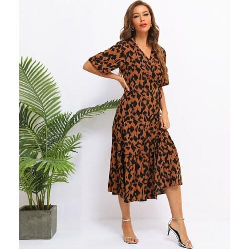 Fridayin 2021 Summer Fashion Chiffon Ruffle Leopard Party Dress Casual V-Neck Short Sleeve Beach Sexy Vestidos