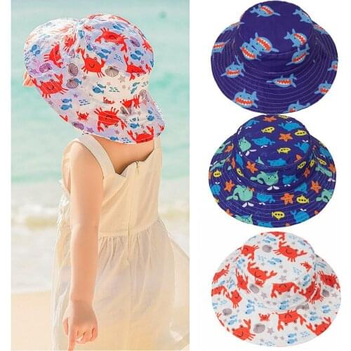 Summer Baby Kids Sun Hat Fisherman Cap Unisex Cartoon Dinosaur Print Bucket Hat Sun-Resistant Hat with Wind Rope for Summer