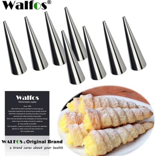 WALFOS Sets Of 8 Large Size Stainless Steel Pastry Cream Horn Moulds Conical Tube Cone Pastry Roll Horn Mould Baking Mold Tools